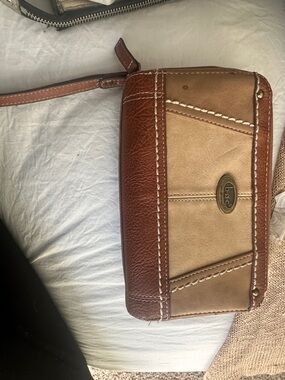 boc Two-Tone Tan and Brown Leather Wristlet